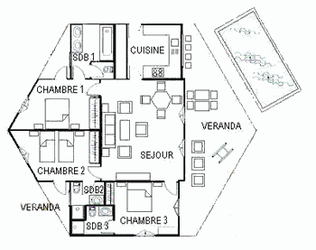 Plan des villas : séjour, cuisine, 3 chambres avec salle de douche, vérandas